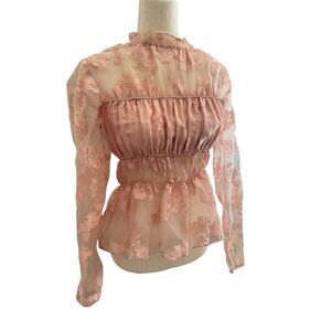 Topshop Organza Top Pink Sheer‎ Ruffle Victorian Steampunk Floral High Neck 6